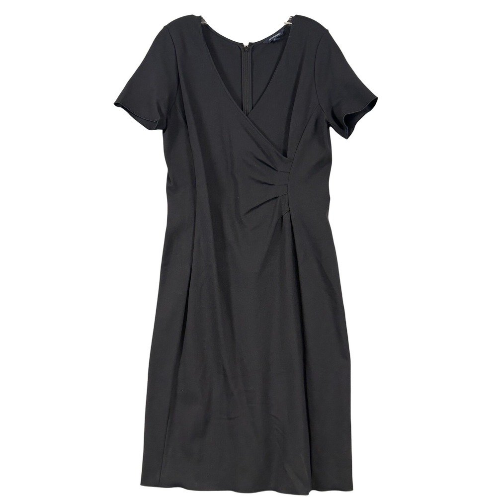 Lands End Womens Black Ponte Faux Wrap V-Neck Sheath Dress Size 12 Short Sleeve